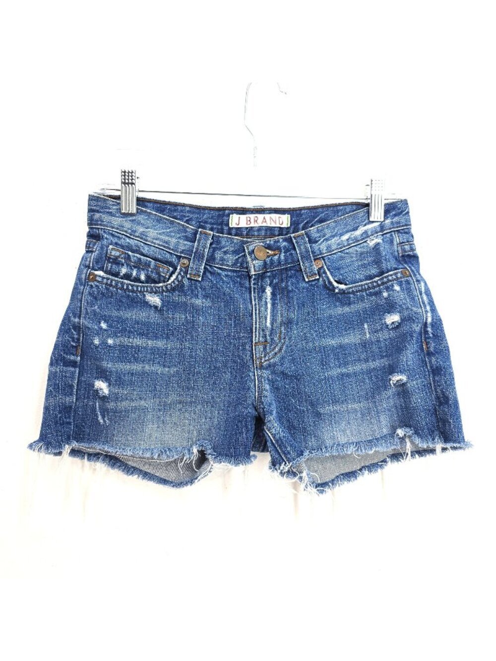J Brand Libra Distressed Raw Cut Off Hem Low Waist Y2K Denim Shorts Women 25